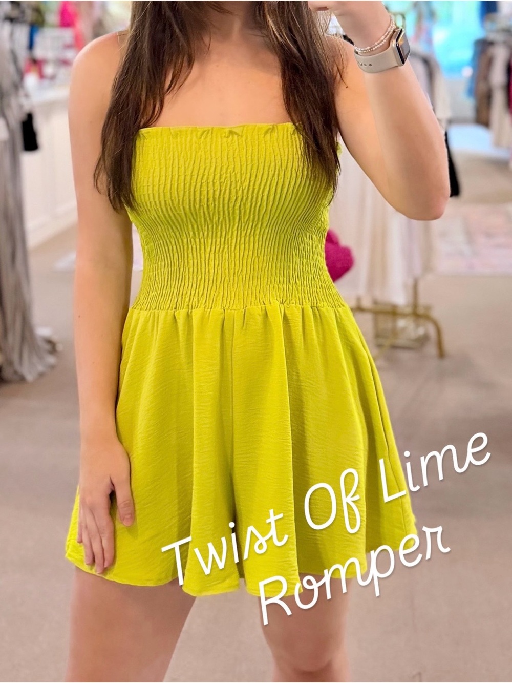Timing Lime Green Strapless Romper w/Smocked Bodice
